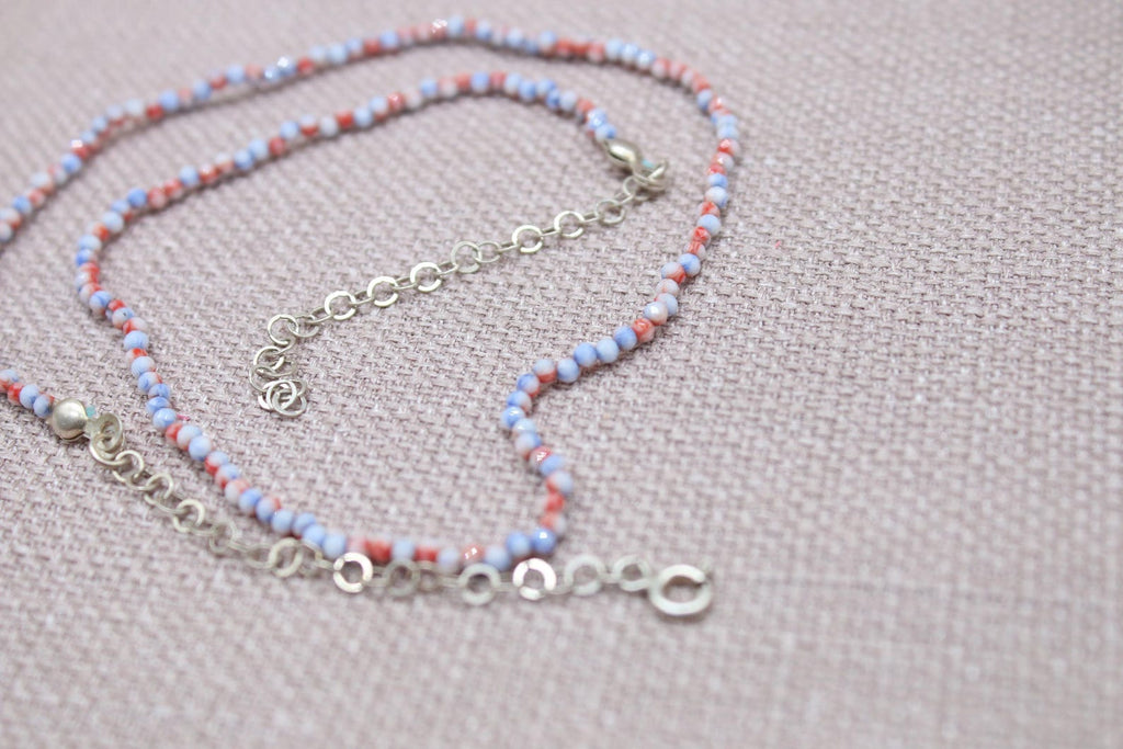 Coral Seed Bead Necklace Dainty Sterling Silver Choker Handmade Minimalist Jewelry 18 inch Length