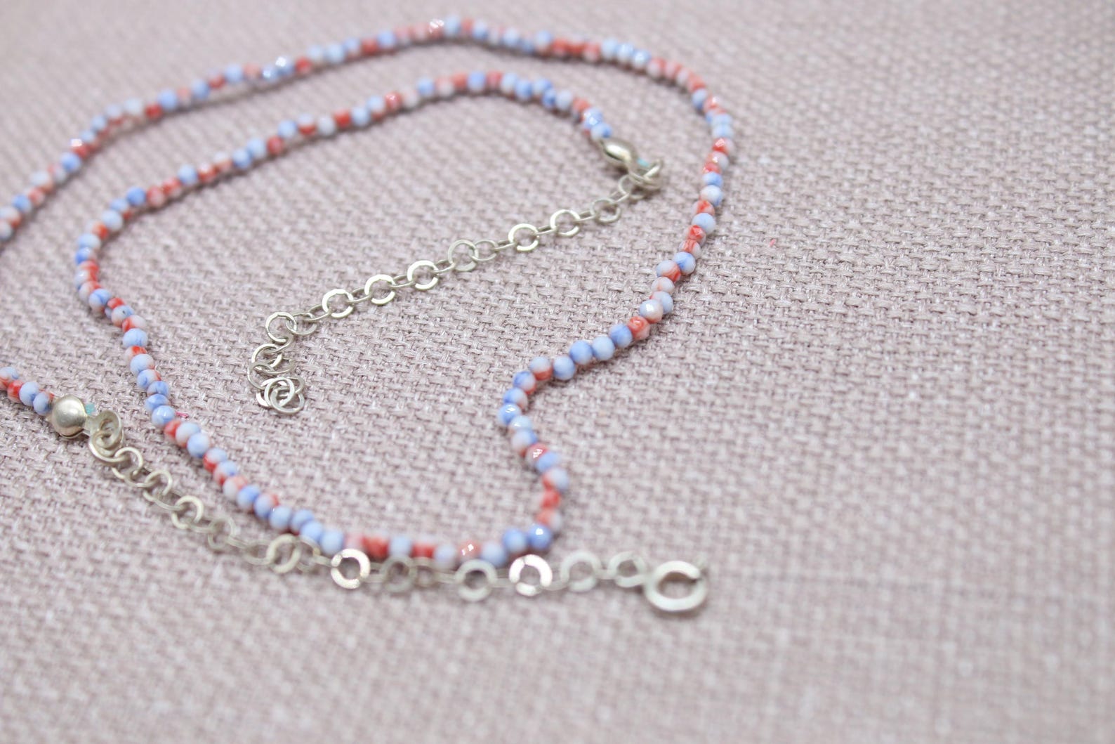 Coral Seed Bead Necklace Dainty Sterling Silver Choker Handmade Minimalist Jewelry 18 inch Length
