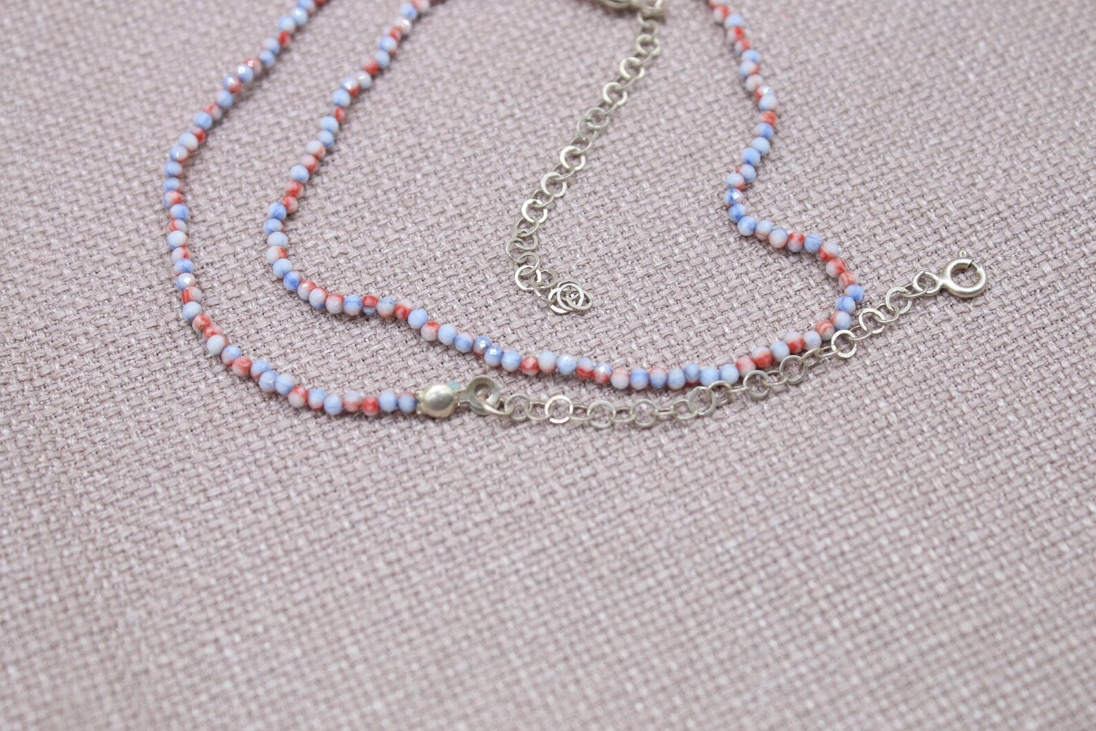Coral Seed Bead Necklace Dainty Sterling Silver Choker Handmade Minimalist Jewelry 18 inch Length