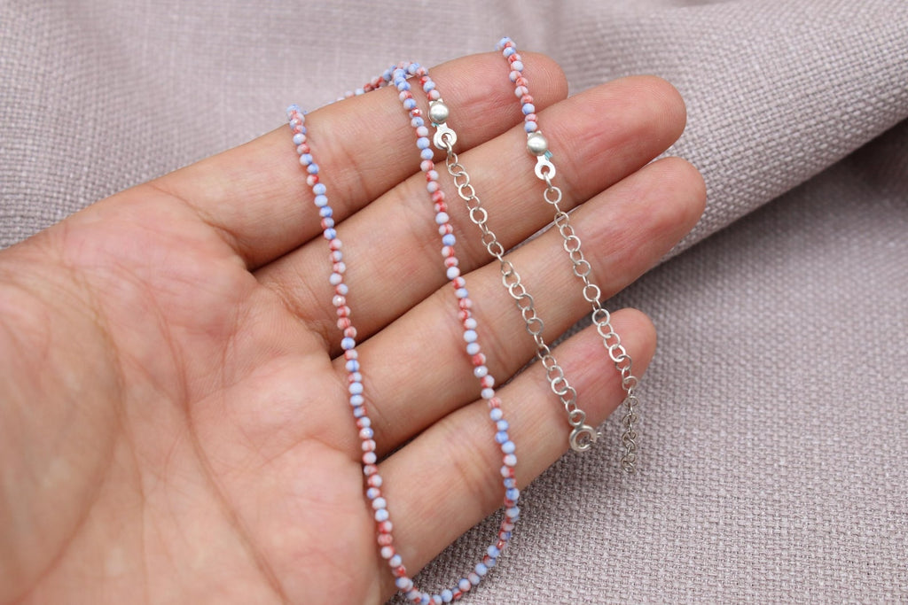 Coral Seed Bead Necklace Dainty Sterling Silver Choker Handmade Minimalist Jewelry 18 inch Length