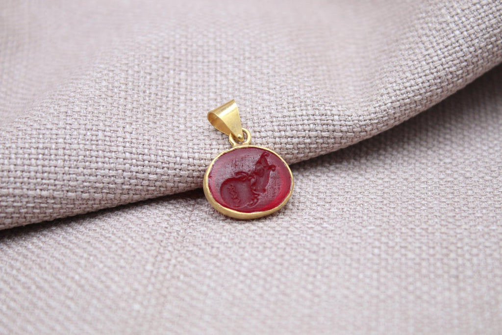 Aquarius Intaglio Pendant Red Glass Zodiac Charm Gold Vermeil Handmade Necklace