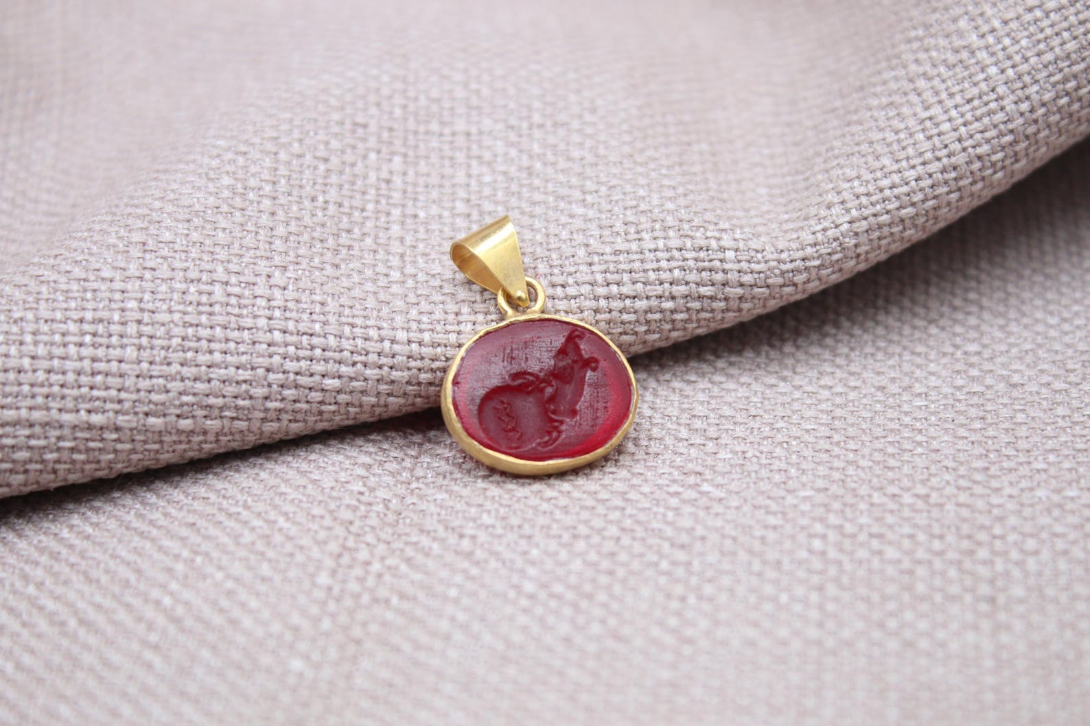 Aquarius Intaglio Pendant Red Glass Zodiac Charm Gold Vermeil Handmade Necklace