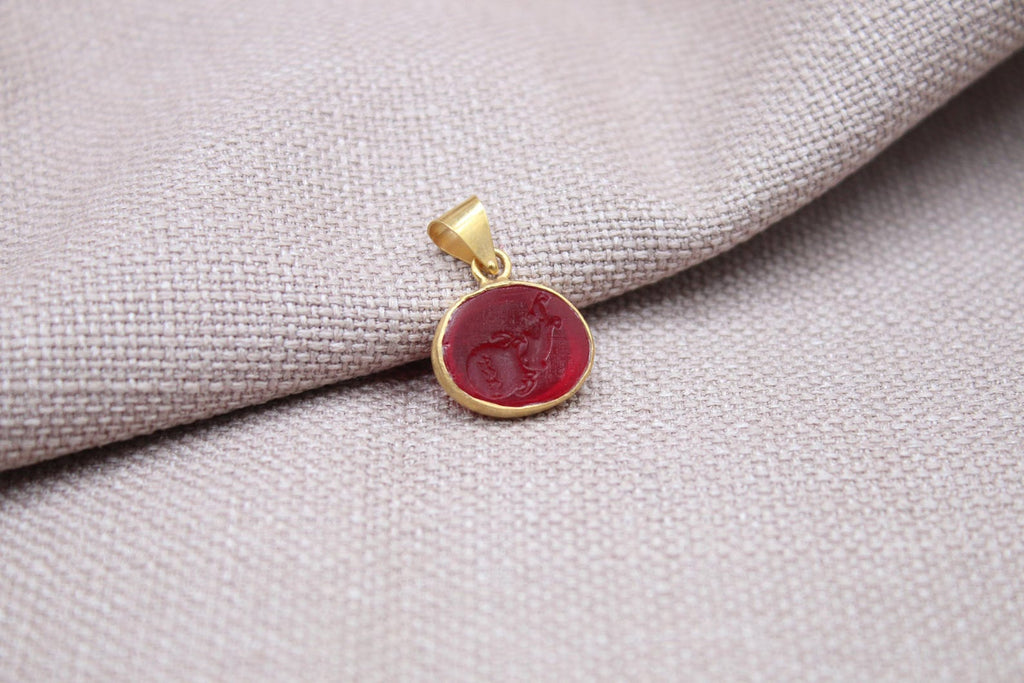 Aquarius Intaglio Pendant Red Glass Zodiac Charm Gold Vermeil Handmade Necklace