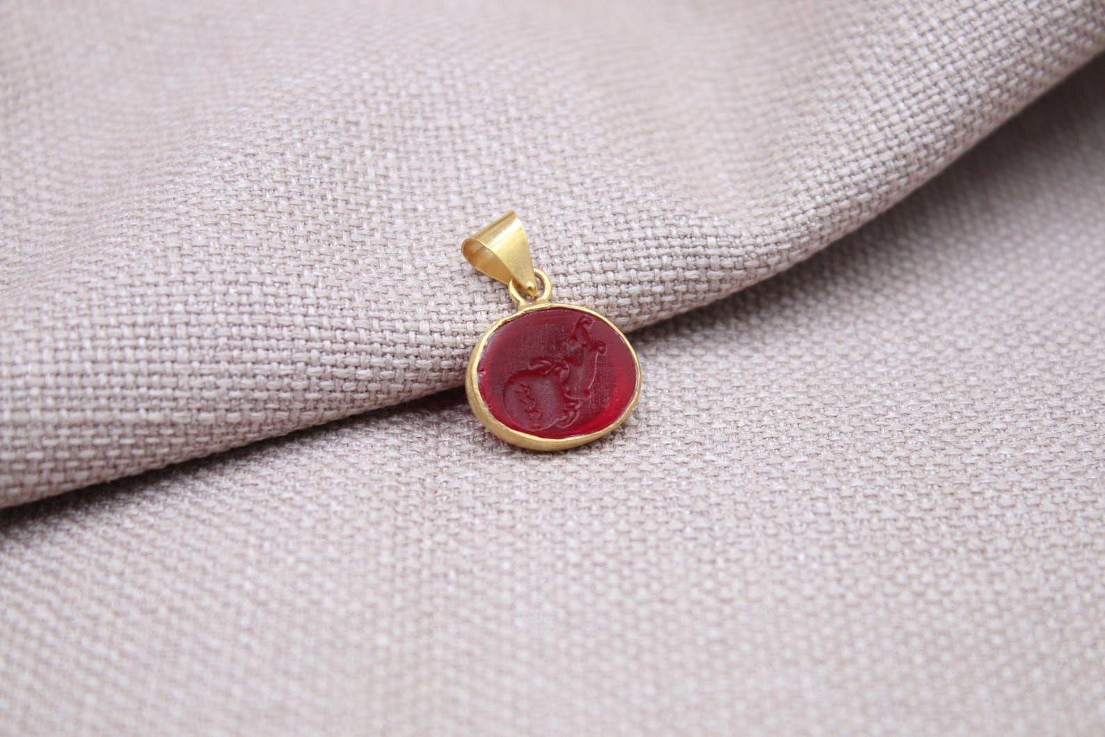 Aquarius Intaglio Pendant Red Glass Zodiac Charm Gold Vermeil Handmade Necklace