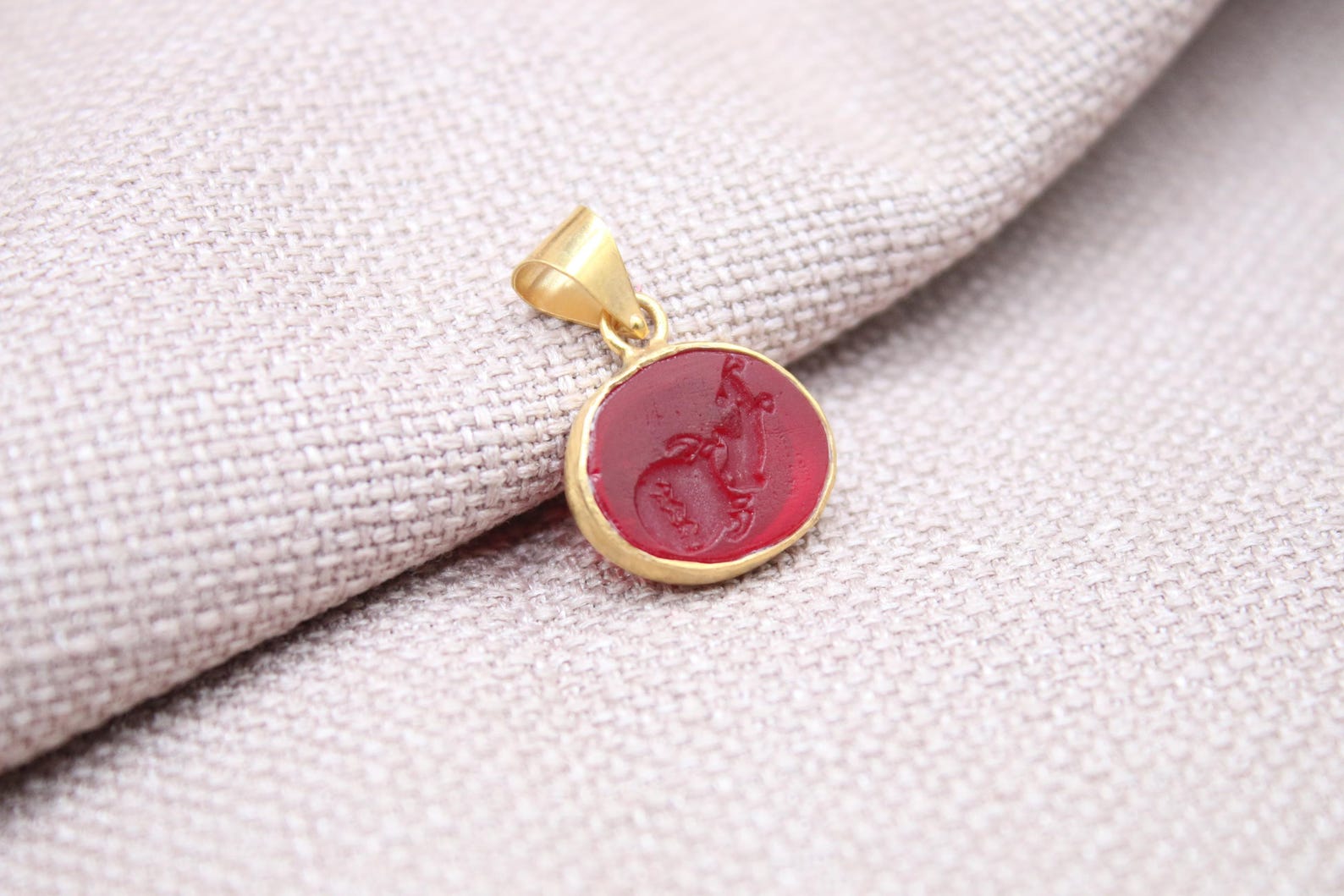 Aquarius Intaglio Pendant Red Glass Zodiac Charm Gold Vermeil Handmade Necklace