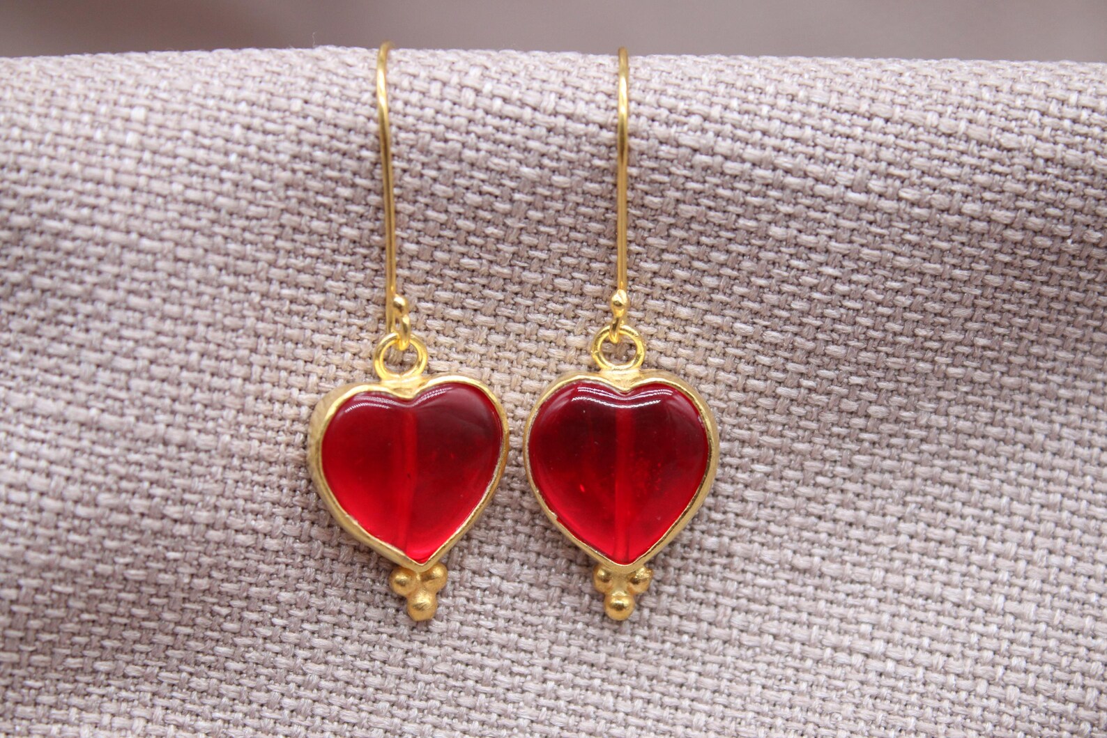 Ruby Heart Earrings Gold Vermeil Romantic Red Glass Drop Earrings Handmade