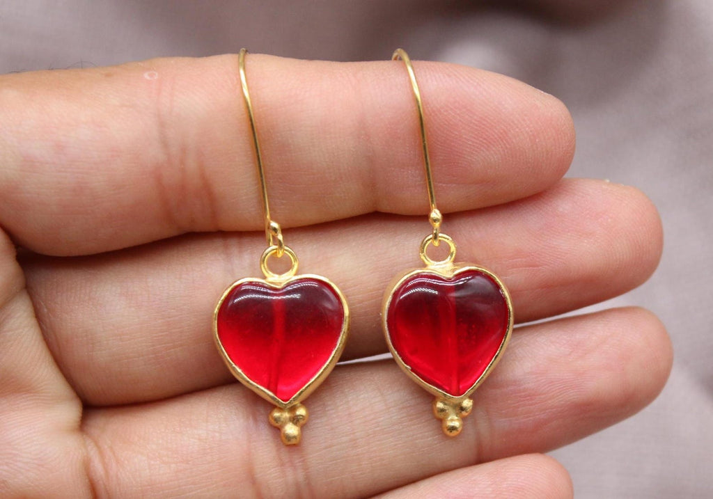 Ruby Heart Earrings Gold Vermeil Romantic Red Glass Drop Earrings Handmade
