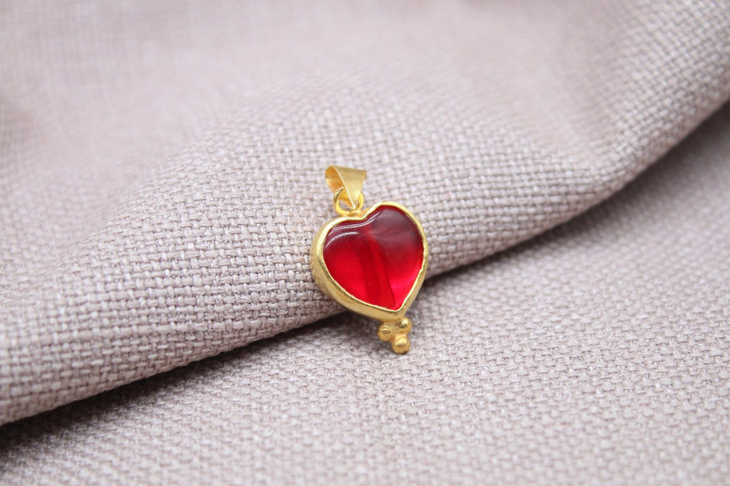 Ruby Heart Pendant Gold Vermeil Red Glass Charm Handmade Romantic Necklace