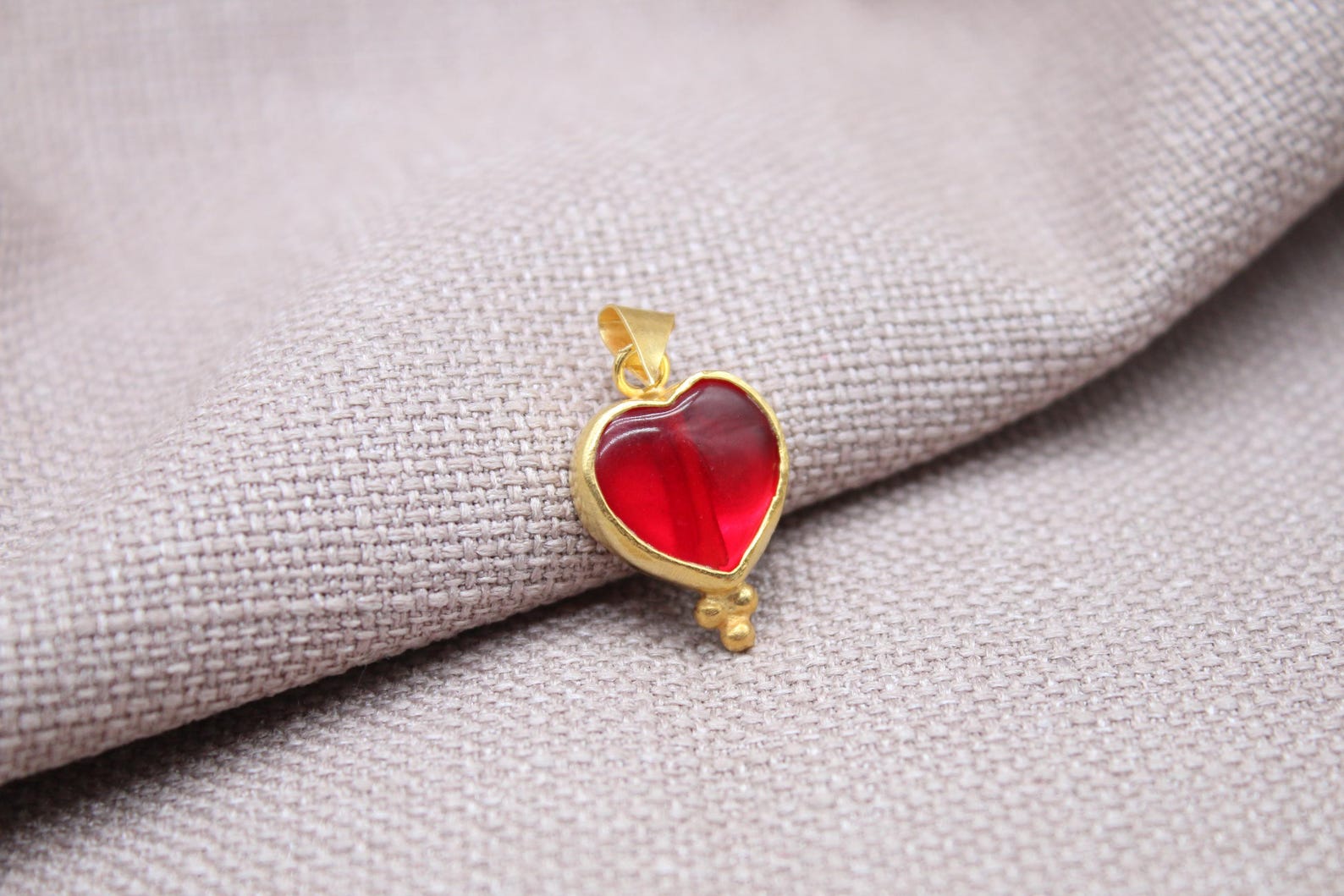 Ruby Heart Pendant Gold Vermeil Red Glass Charm Handmade Romantic Necklace