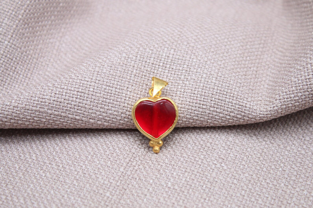 Ruby Heart Pendant Gold Vermeil Red Glass Charm Handmade Romantic Necklace
