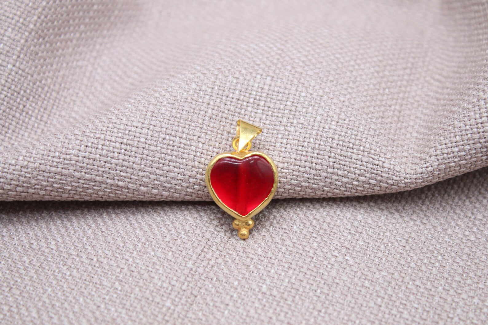 Ruby Heart Pendant Gold Vermeil Red Glass Charm Handmade Romantic Necklace