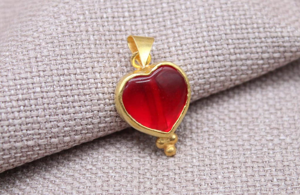 Ruby Heart Pendant Gold Vermeil Red Glass Charm Handmade Romantic Necklace