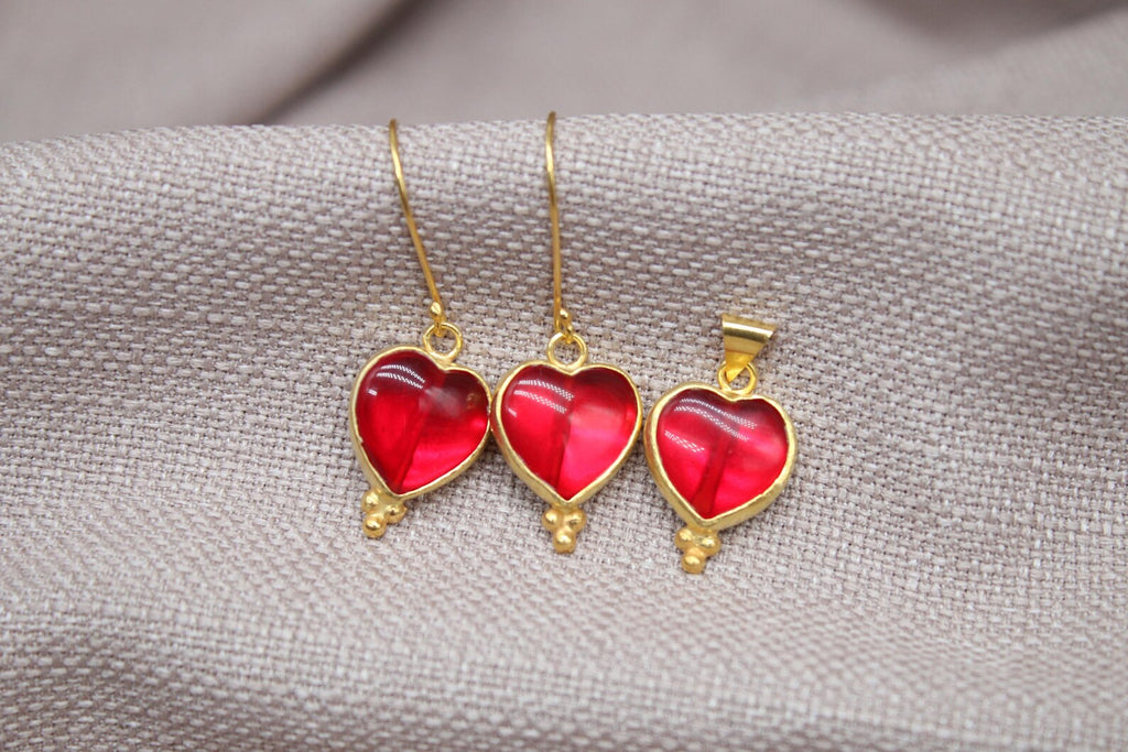 Ruby Heart Jewelry Set Gold Vermeil Earrings Pendant Romantic Handmade Gift