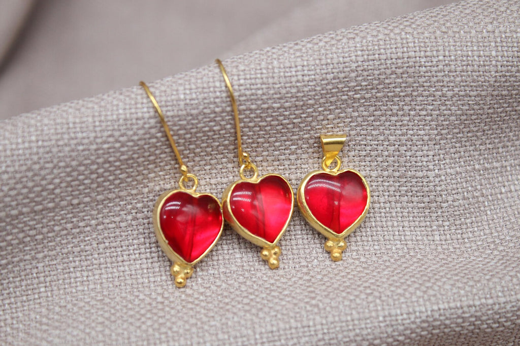 Ruby Heart Jewelry Set Gold Vermeil Earrings Pendant Romantic Handmade Gift