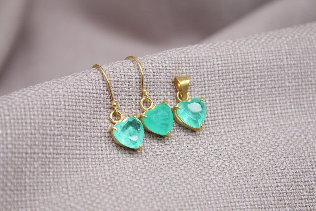 Paraiba Tourmaline Heart Jewelry Set Gold Vermeil Earrings Pendant