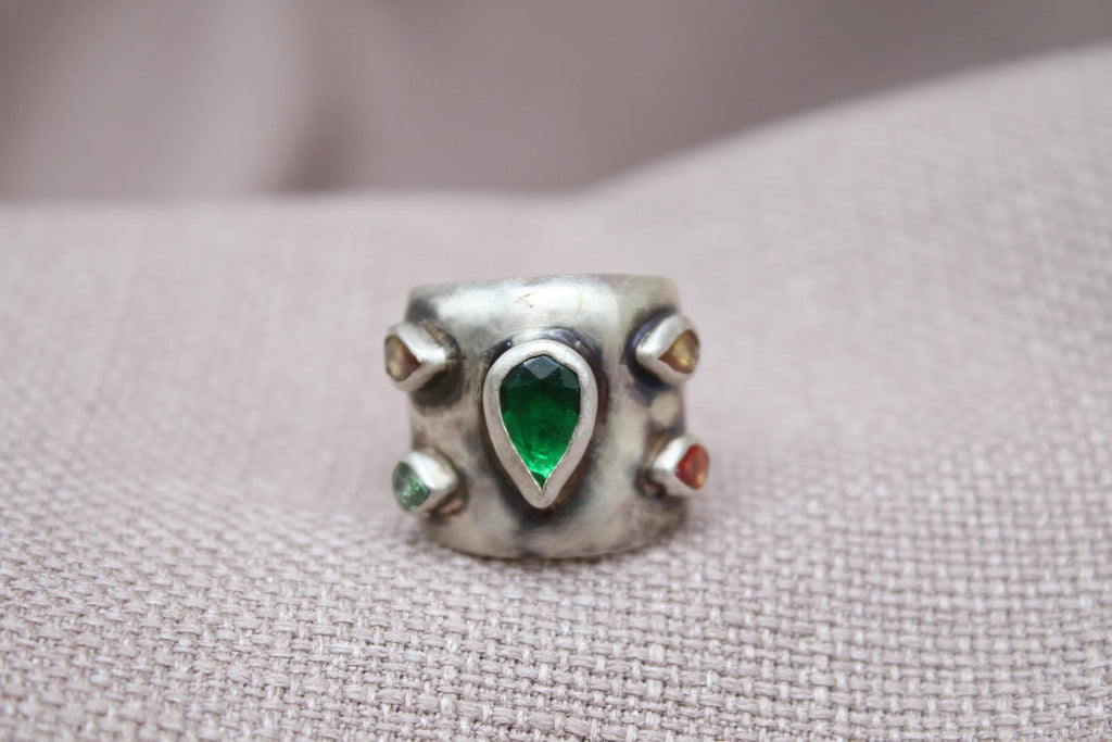 Emerald Tourmaline Statement Ring Sterling Silver Handmade Wide Band