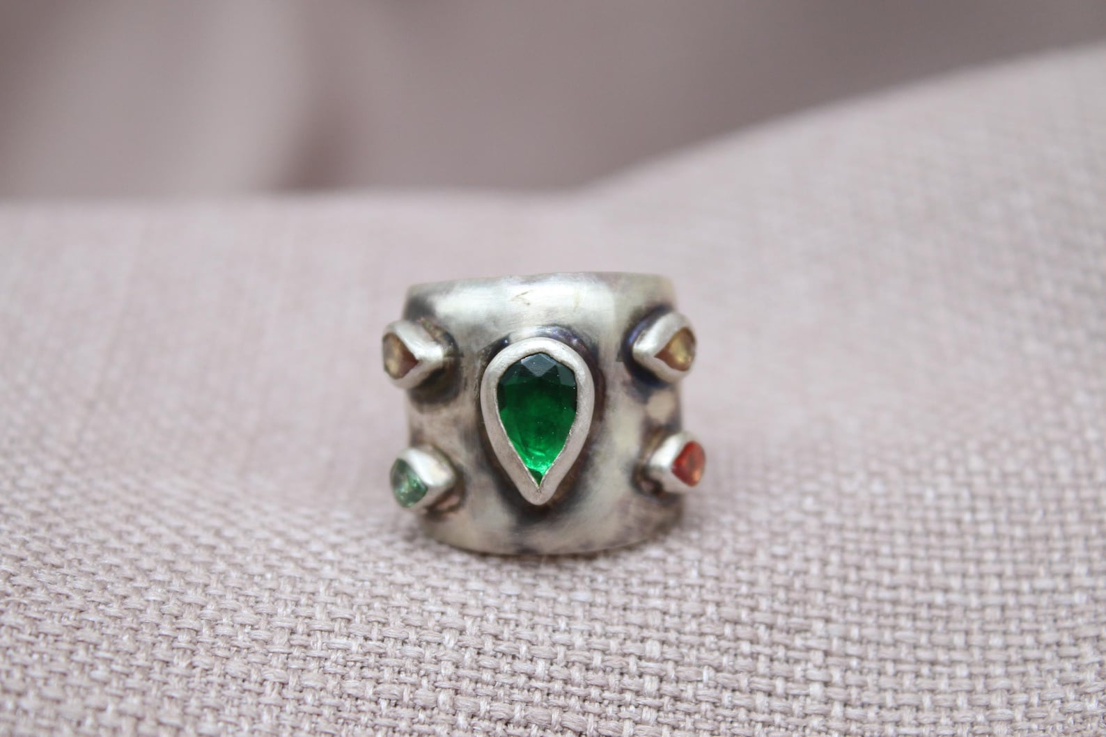 Emerald Tourmaline Statement Ring Sterling Silver Handmade Wide Band