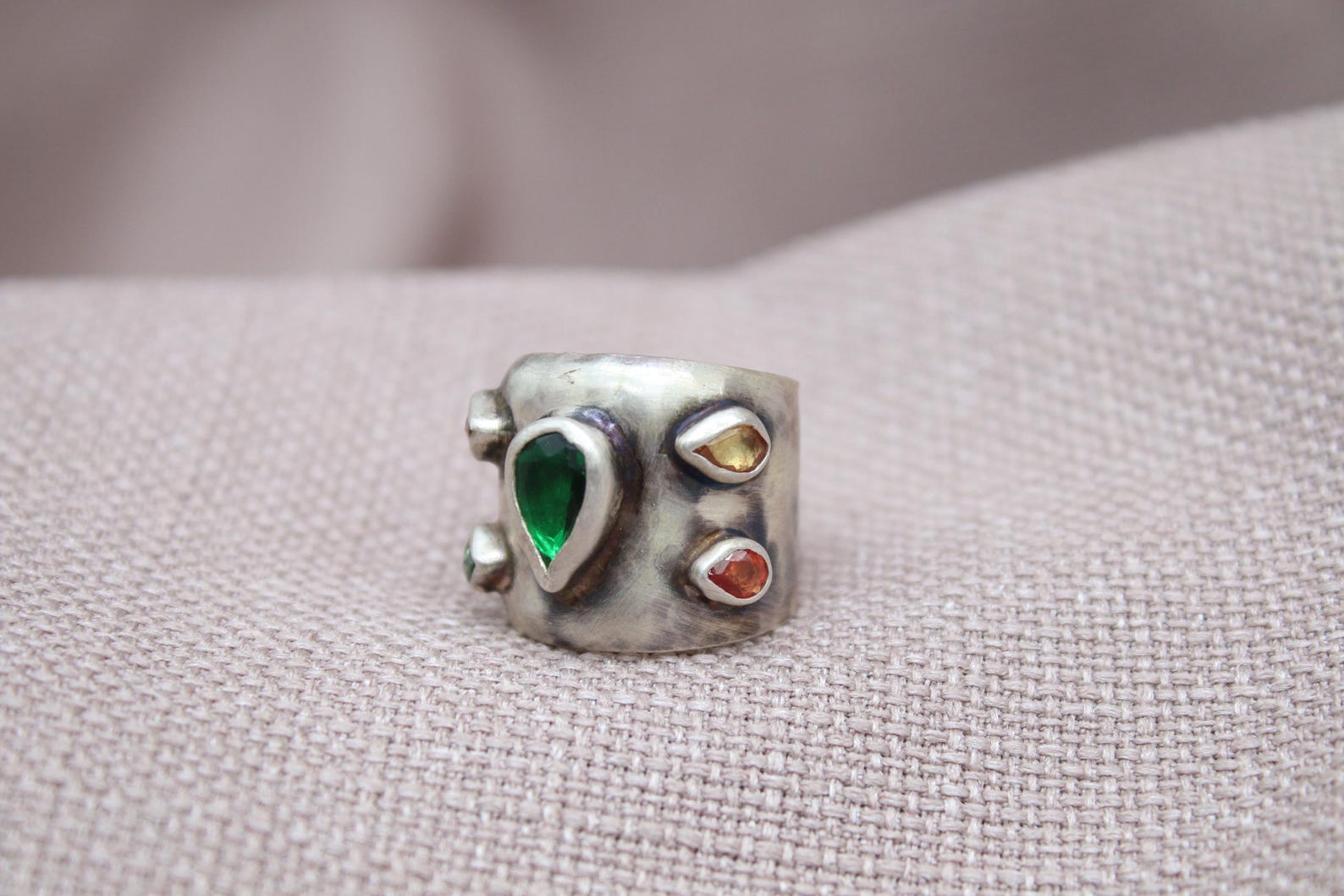 Emerald Tourmaline Statement Ring Sterling Silver Handmade Wide Band