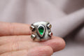 Emerald Tourmaline Statement Ring Sterling Silver Handmade Wide Band