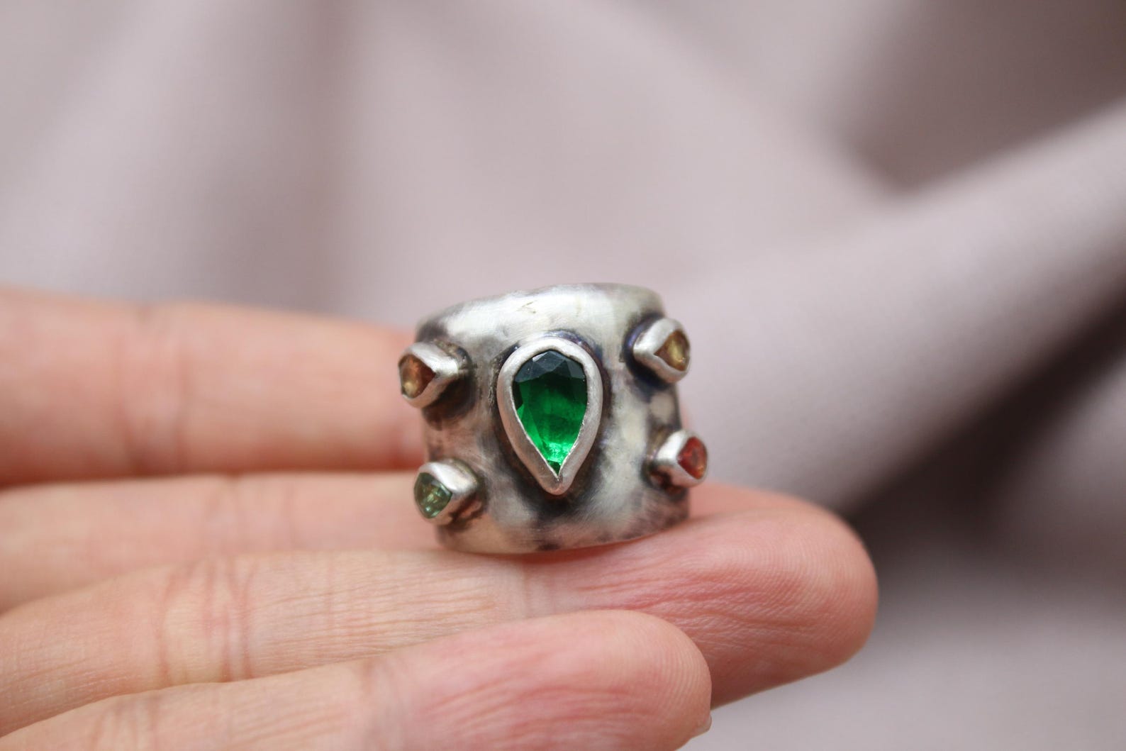 Emerald Tourmaline Statement Ring Sterling Silver Handmade Wide Band