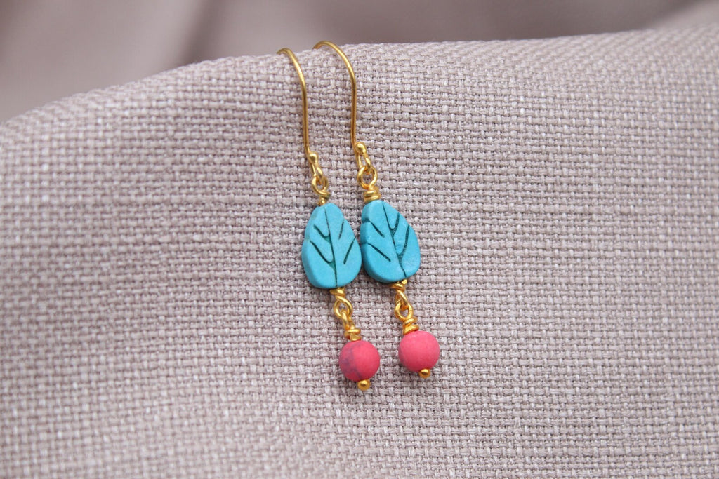 Turquoise Leaf Coral Drop Earrings Gold Plated Sterling Silver