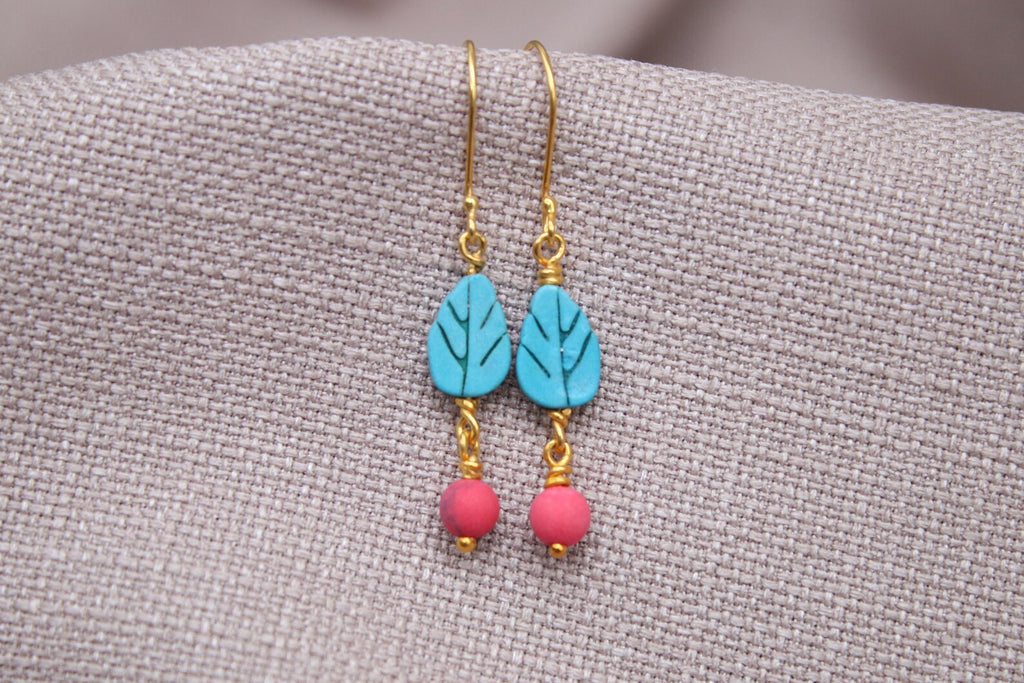 Turquoise Leaf Coral Drop Earrings Gold Plated Sterling Silver