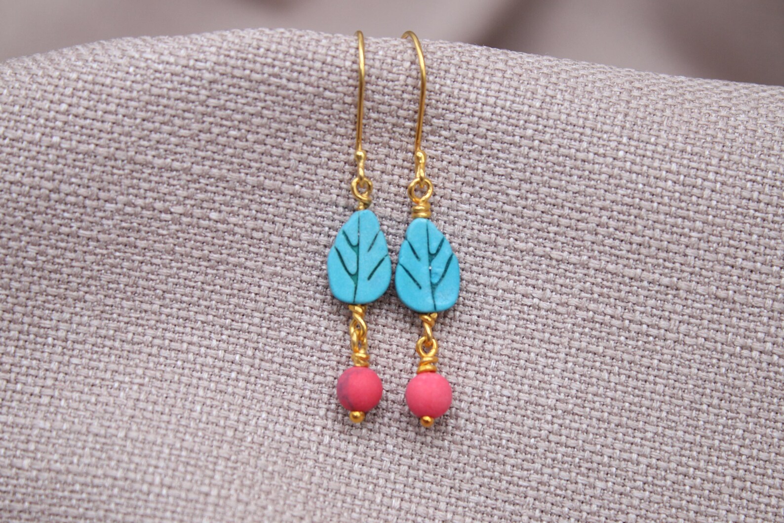 Turquoise Leaf Coral Drop Earrings Gold Plated Sterling Silver