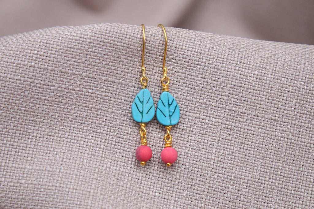 Turquoise Leaf Coral Drop Earrings Gold Plated Sterling Silver