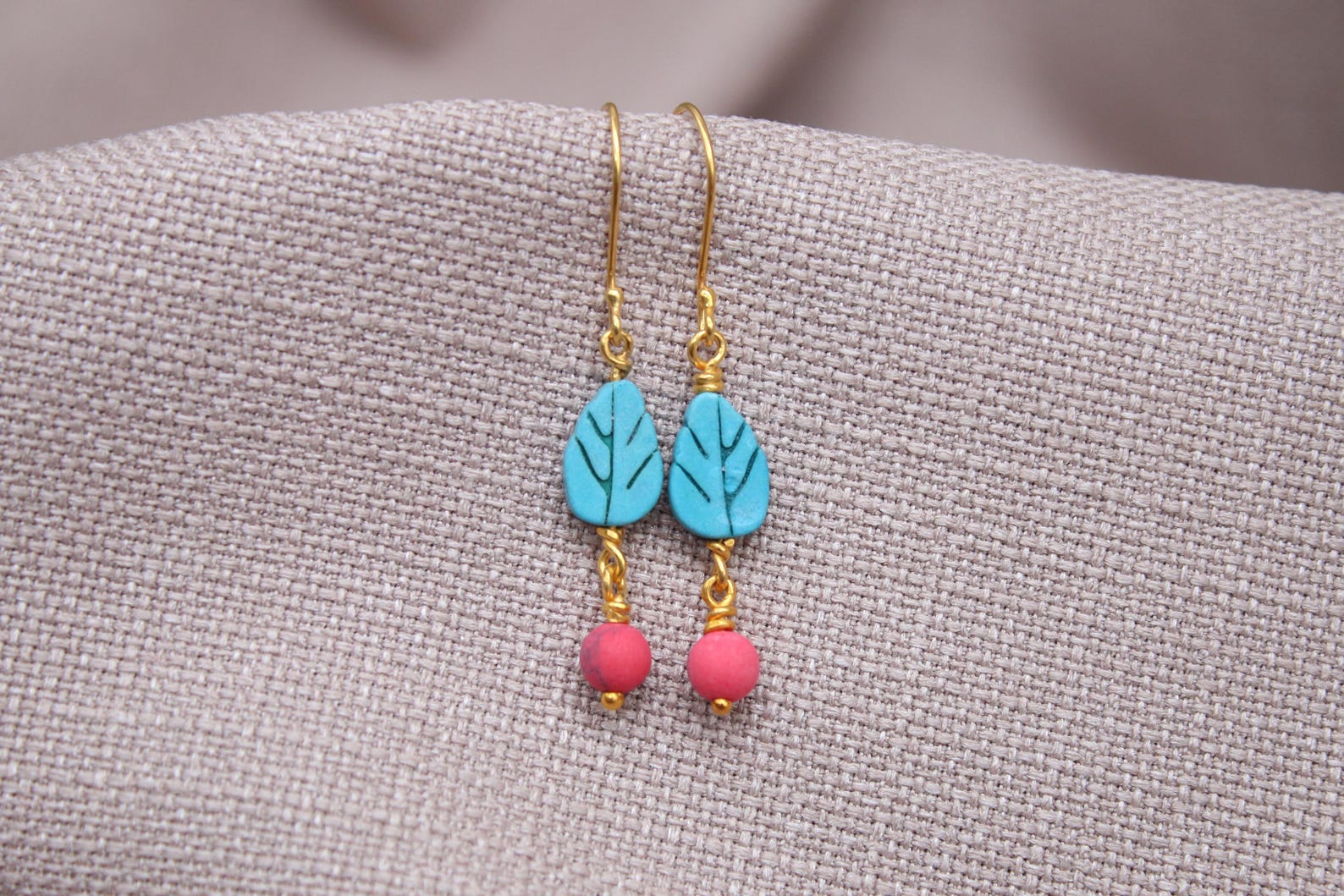 Turquoise Leaf Coral Drop Earrings Gold Plated Sterling Silver