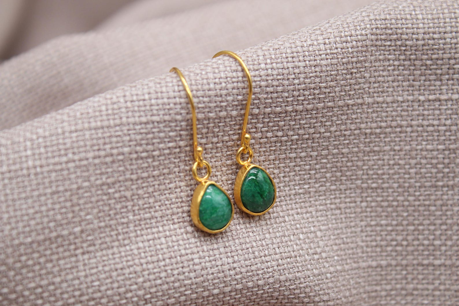 Emerald Drop Earrings Gold Plated Sterling Silver Handmade Gemstone Earrings