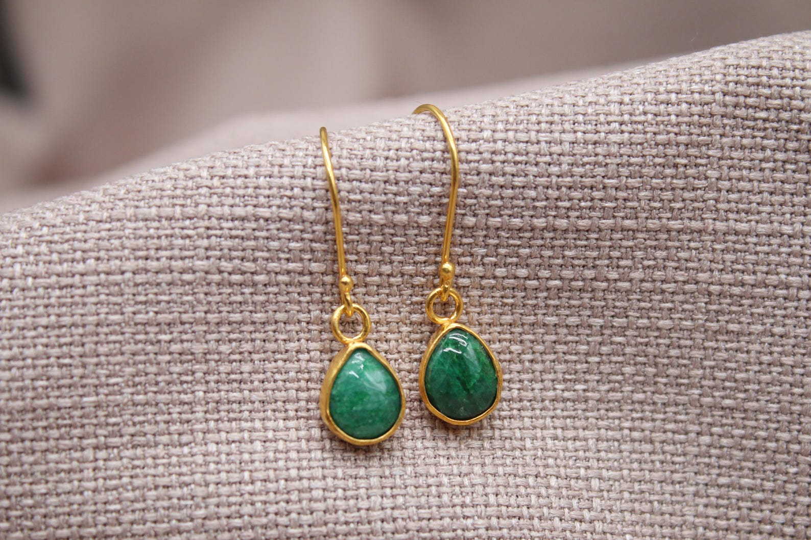 Emerald Drop Earrings Gold Plated Sterling Silver Handmade Gemstone Earrings