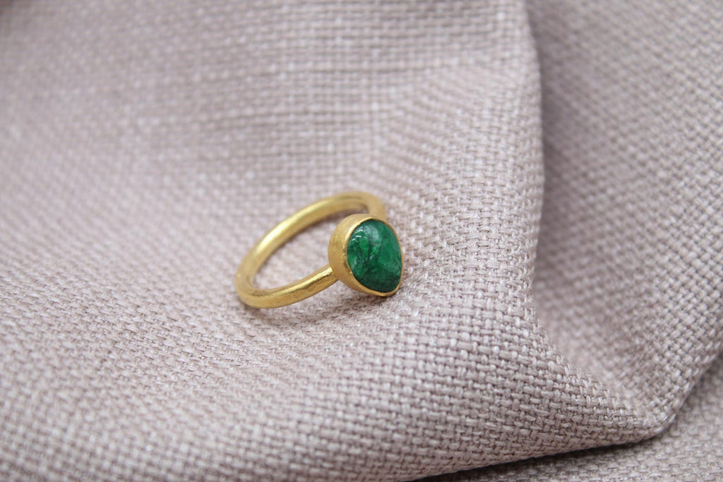 Emerald Teardrop Ring Gold Plated Sterling Silver Handmade Gemstone Ring