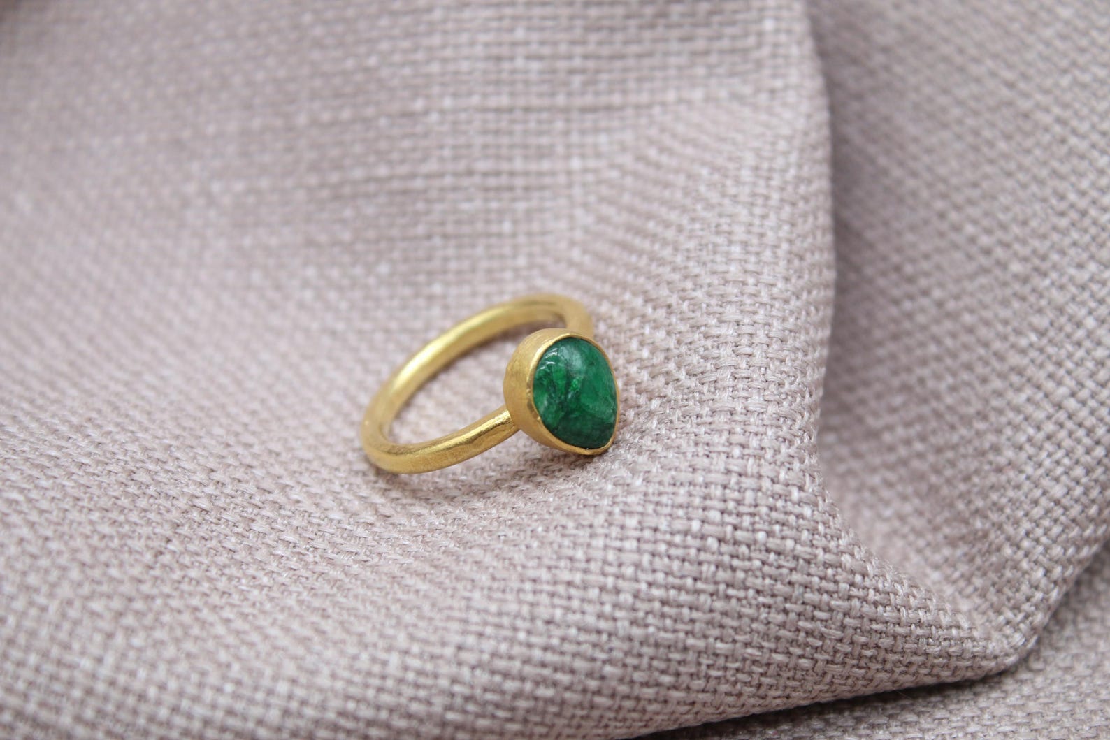 Emerald Teardrop Ring Gold Plated Sterling Silver Handmade Gemstone Ring