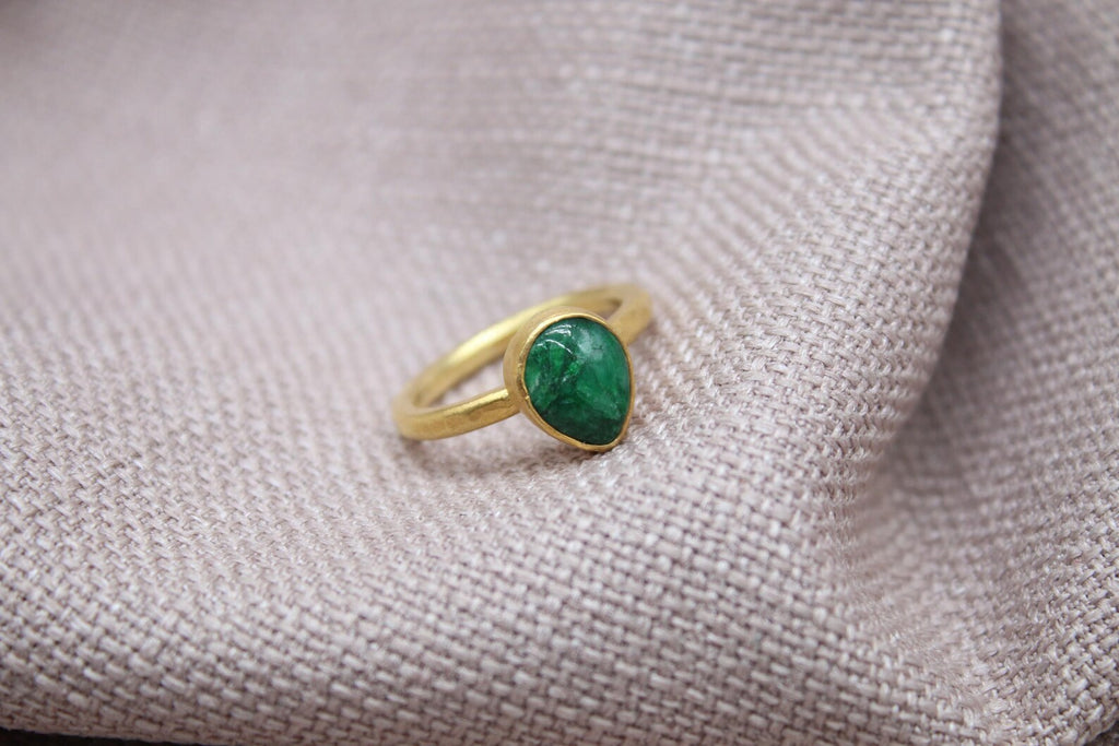 Emerald Teardrop Ring Gold Plated Sterling Silver Handmade Gemstone Ring