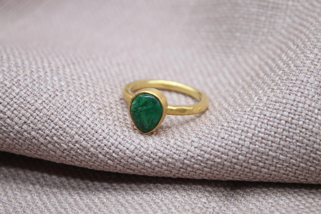 Emerald Teardrop Ring Gold Plated Sterling Silver Handmade Gemstone Ring