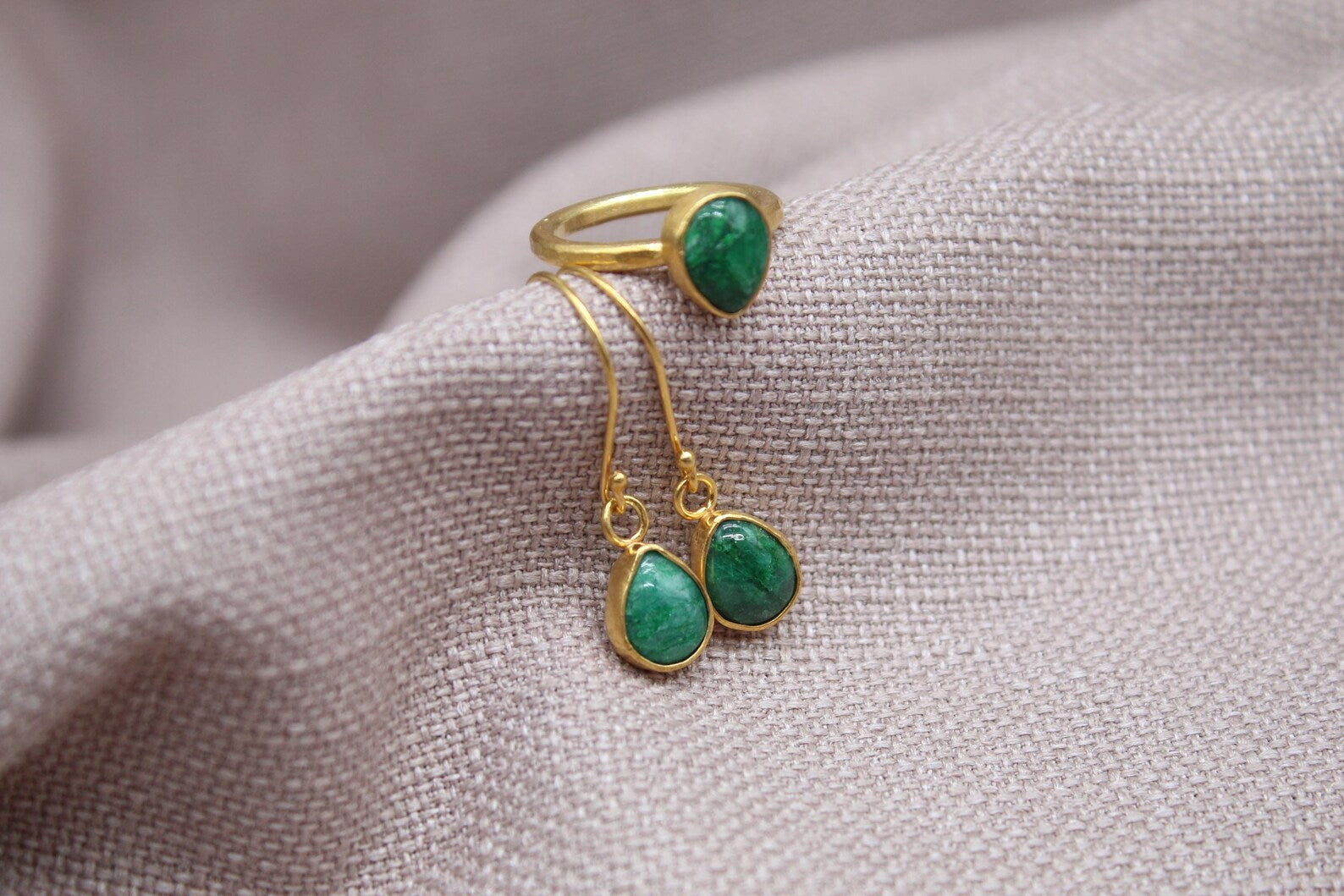 Emerald Jewelry Set Gold Plated Sterling Silver Ring and Earrings Set
