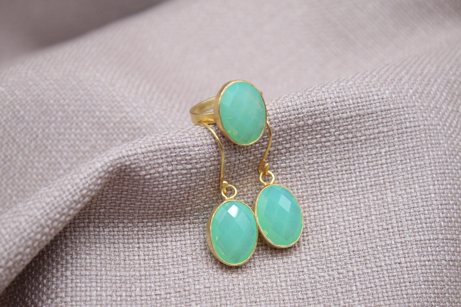 Opalite Jewelry Set Gold Plated Sterling Silver Ring and Earrings Set