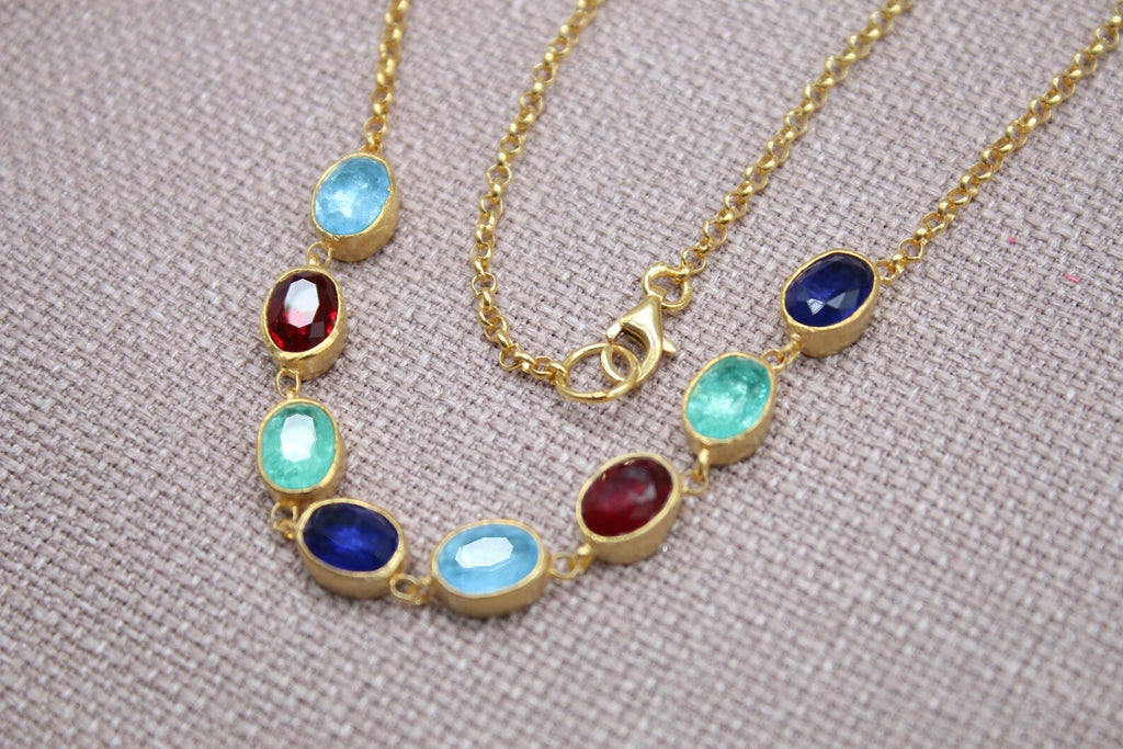 Multi Gemstone Necklace Gold Plated Sterling Silver Sapphire Ruby Emerald Necklace