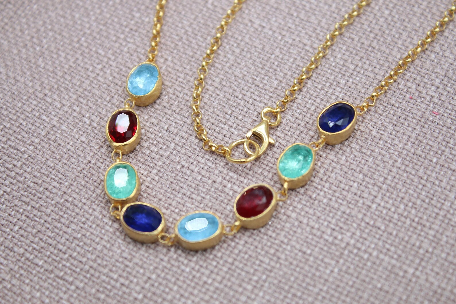 Multi Gemstone Necklace Gold Plated Sterling Silver Sapphire Ruby Emerald Necklace