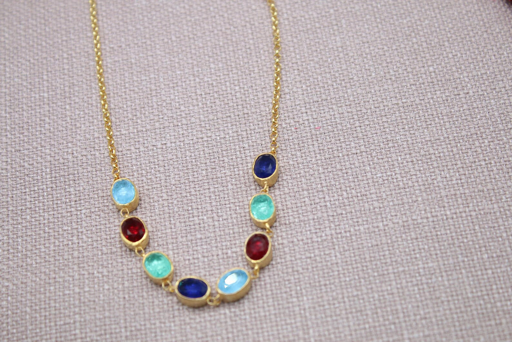 Multi Gemstone Necklace Gold Plated Sterling Silver Sapphire Ruby Emerald Necklace