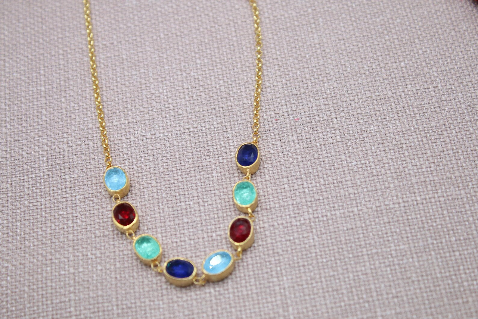 Multi Gemstone Necklace Gold Plated Sterling Silver Sapphire Ruby Emerald Necklace