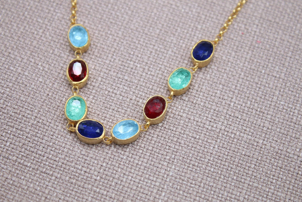 Multi Gemstone Necklace Gold Plated Sterling Silver Sapphire Ruby Emerald Necklace