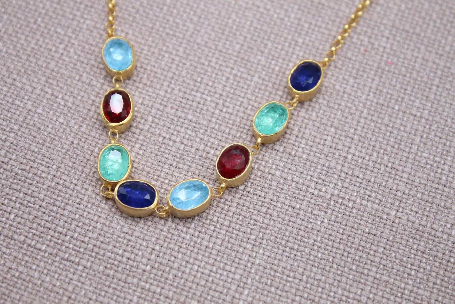 Multi Gemstone Necklace Gold Plated Sterling Silver Sapphire Ruby Emerald Necklace