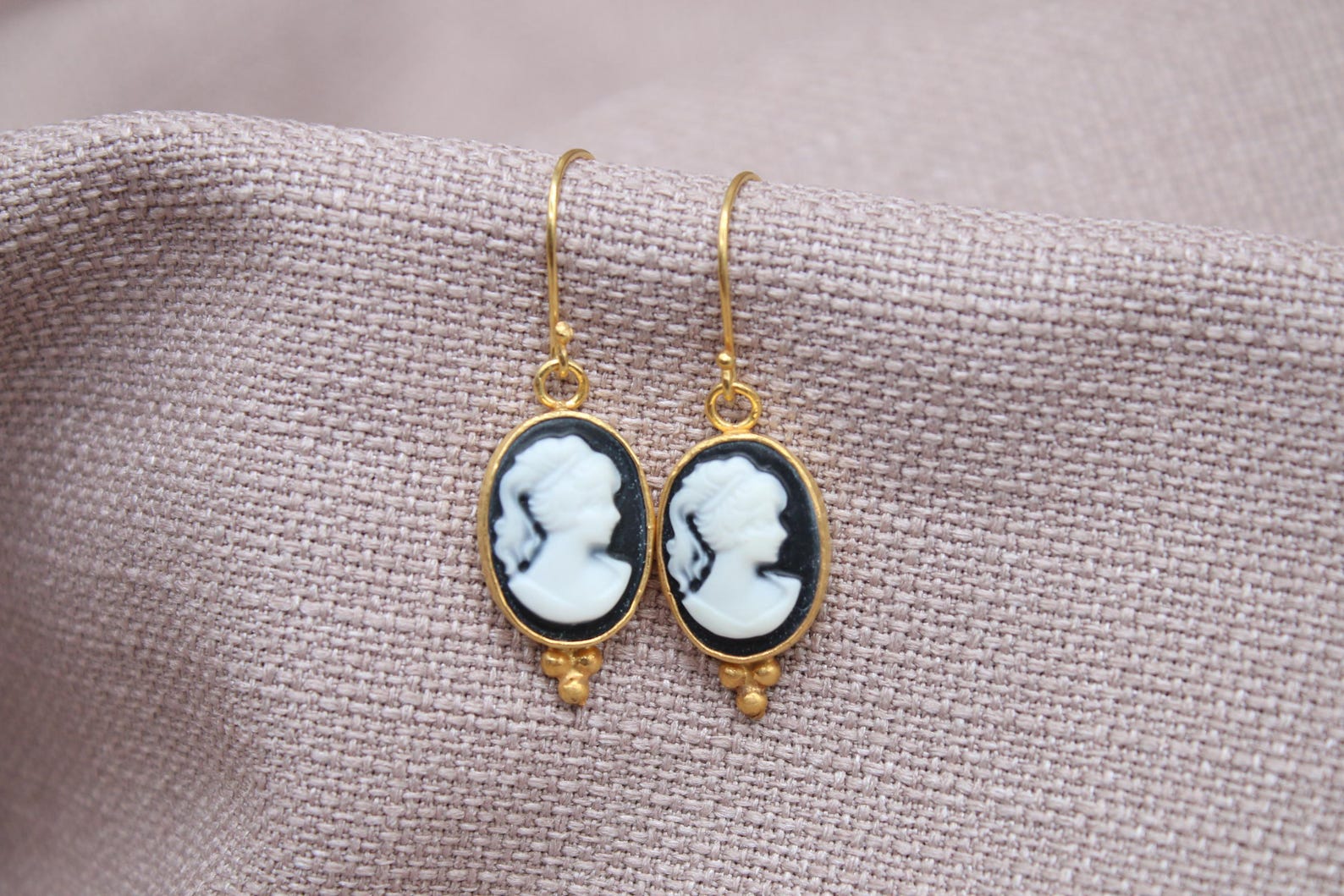 Victorian Cameo Earrings Gold Plated Sterling Silver Vintage Style Drop Earrings