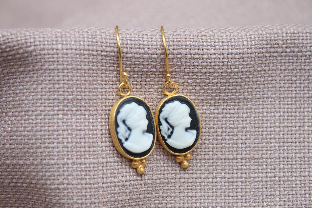 Victorian Cameo Earrings Gold Plated Sterling Silver Vintage Style Drop Earrings