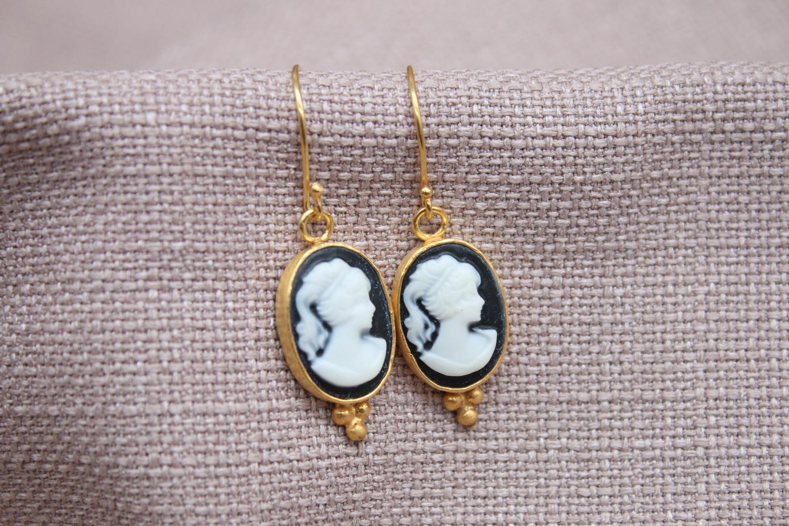 Victorian Cameo Earrings Gold Plated Sterling Silver Vintage Style Drop Earrings