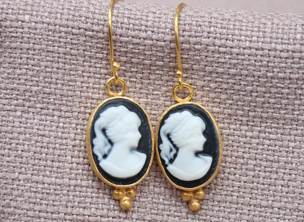 Victorian Cameo Earrings Gold Plated Sterling Silver Vintage Style Drop Earrings
