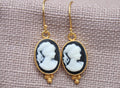 Victorian Cameo Earrings Gold Plated Sterling Silver Vintage Style Drop Earrings