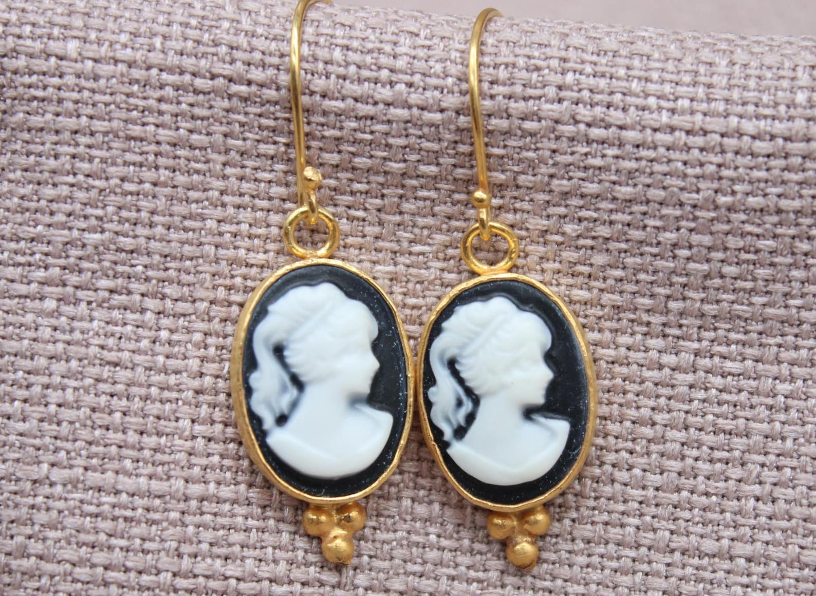 Victorian Cameo Earrings Gold Plated Sterling Silver Vintage Style Drop Earrings