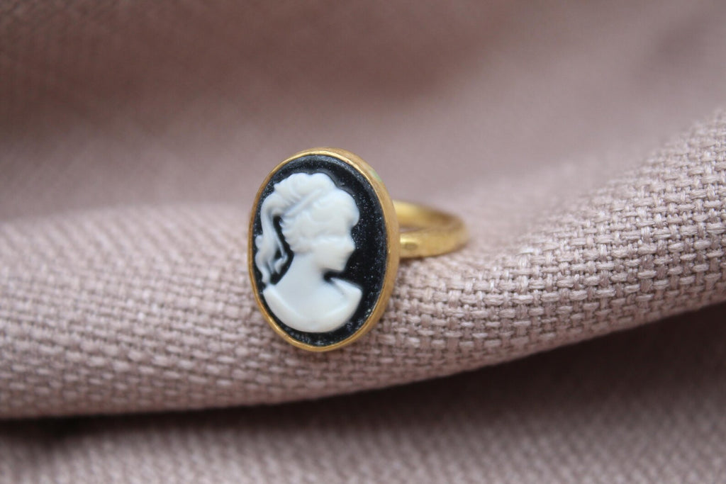 Victorian Cameo Ring Gold Plated Sterling Silver Vintage Portrait Statement Ring